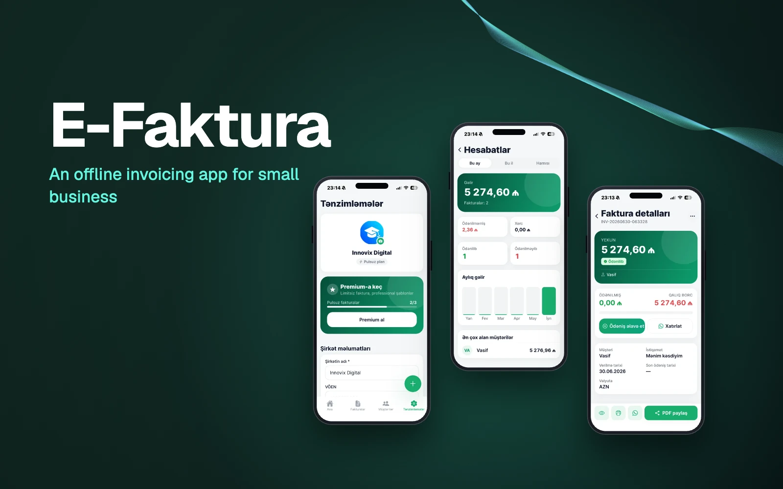 E-Faktura mobile app screens in phone frames