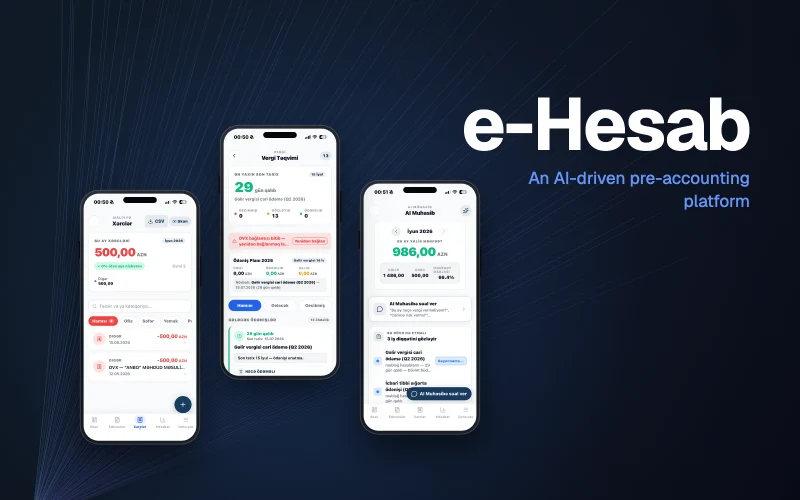 e-Hesab mobile app screens in phone frames
