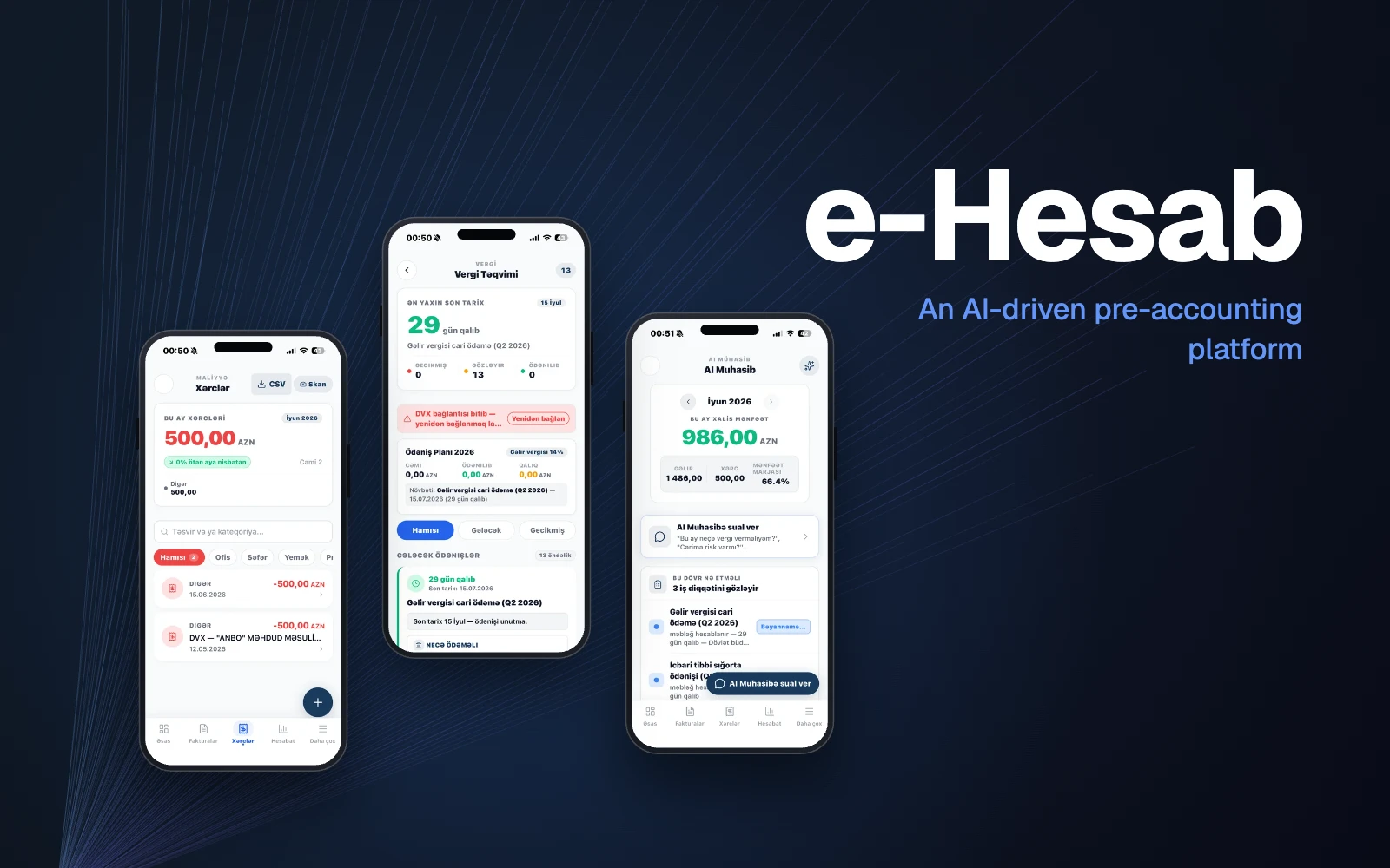 e-Hesab mobile app screens in phone frames