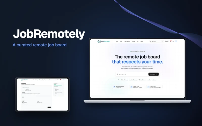 JobRemotely web application shown on a laptop and a tablet