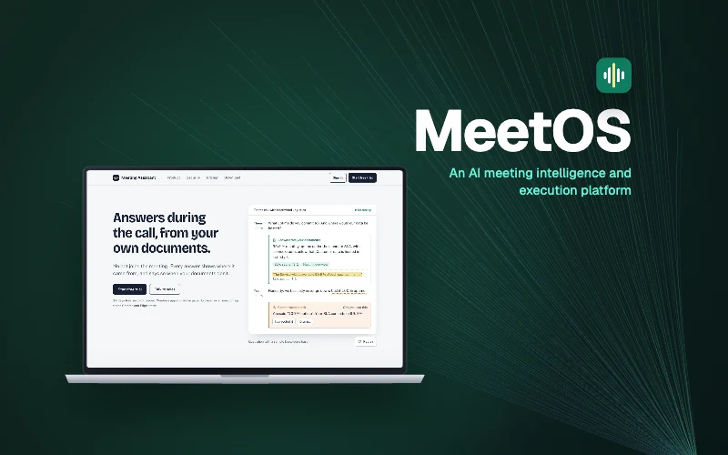 The MeetOS app on a laptop, answering a question from the company's documents during a Teams call