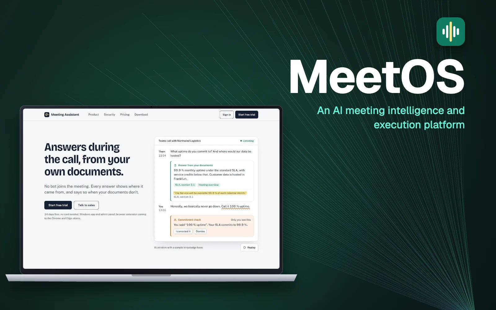 The MeetOS app on a laptop, answering a question from the company's documents during a Teams call