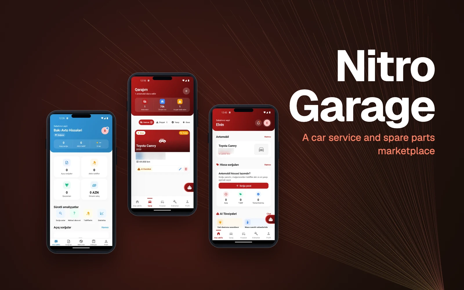 Nitro Garage mobile app screens in phone frames