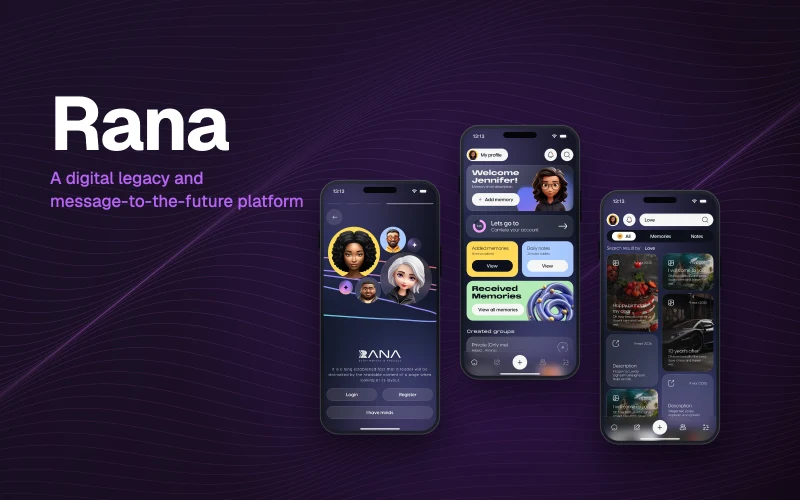 Rana mobile app screens in phone frames
