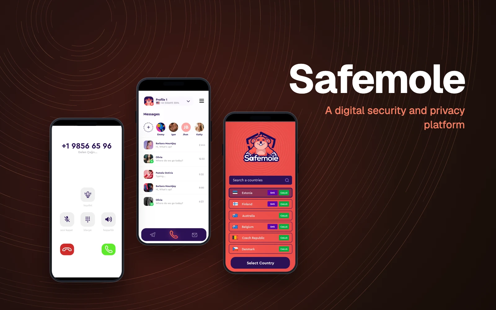 Safemole mobile app screens in phone frames