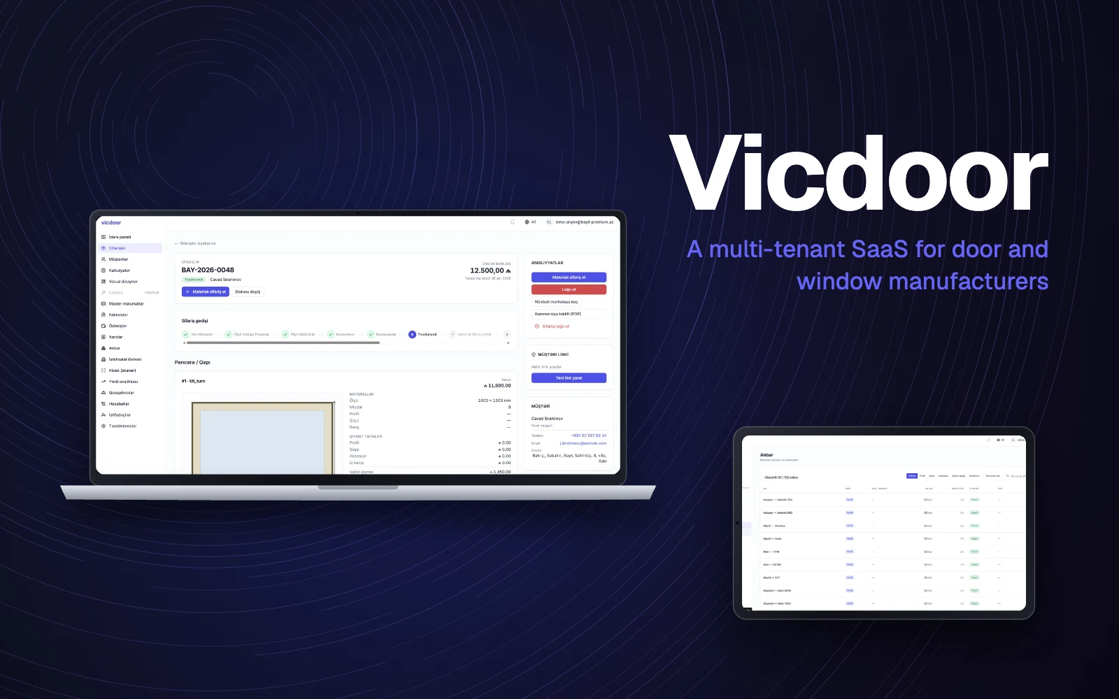 Vicdoor web application shown on a laptop and a tablet